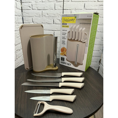 Набір ножів 8 предметів у підставці з тримачем для паперових рушників + дошка Maestro MR-1413-BEIGE
