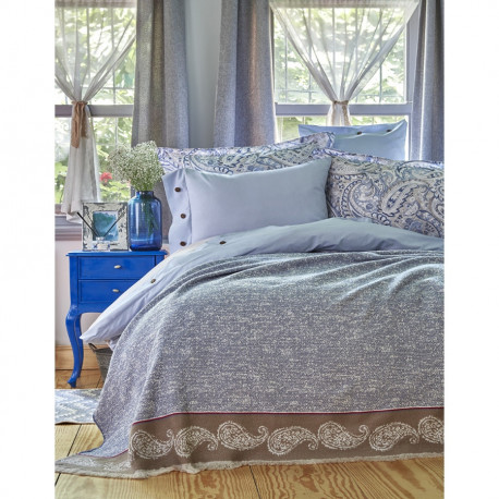 Набор постельное белье с пледом Karaca Home евро - Talin 2018-1 синий